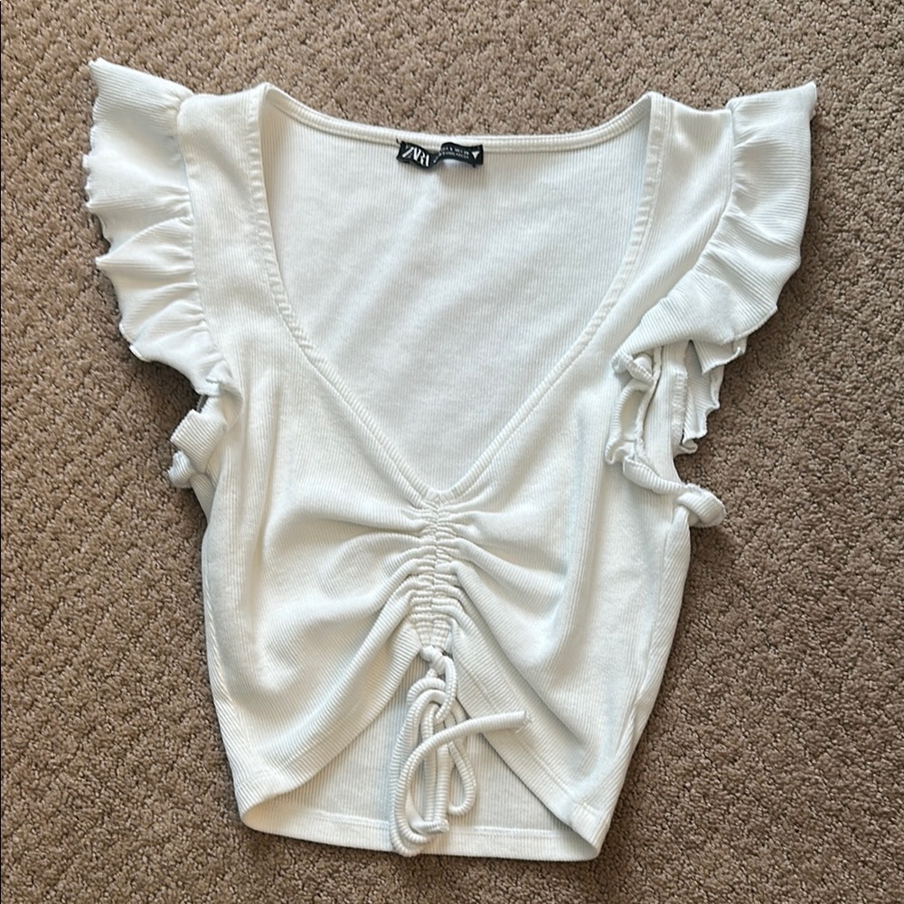 Zara White Flutter Sleeve Ruched Blouse